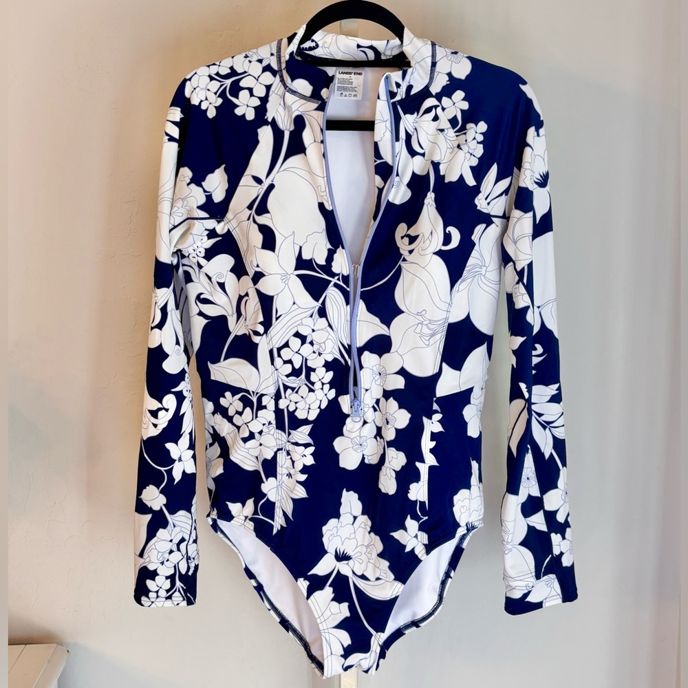 Lands' End Tugless Long Sleeve Rash Guard  Swimsuit Zip Front Blue Floral, 14